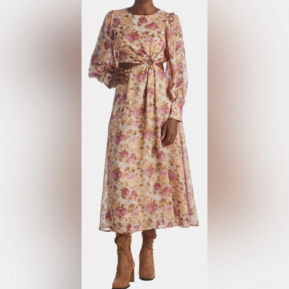 En Saison Lissandra Pink Multi Floral Cut-Out Detail Midi Dress, sz S - Picture 3 of 16